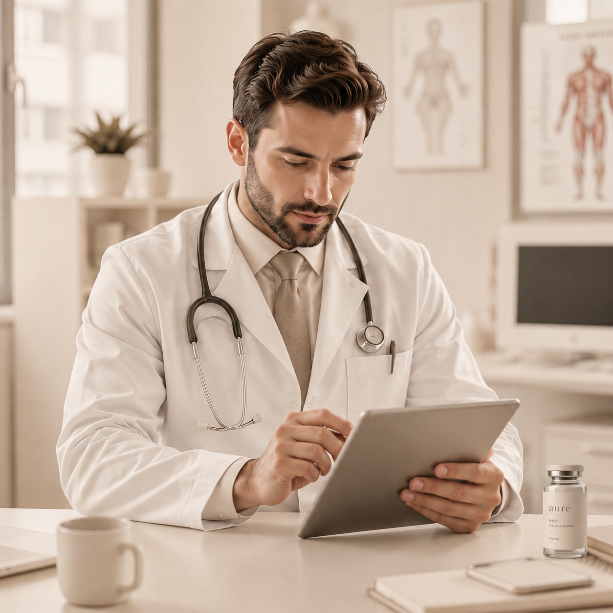Licensed physician reviewing a patient treatment protocol